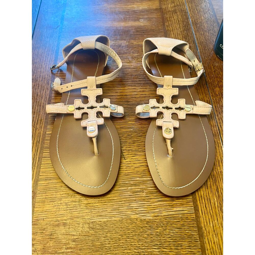 Tory Burch Phoebe Blush Leather Flat Thong Ankle Strap Sandals Sz 8 - Picture 4 of 16
